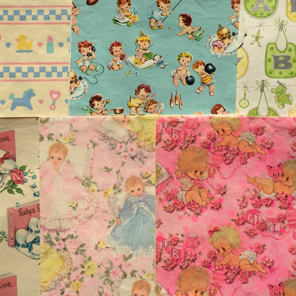 Vintage Wrapping Paper - Mixed Lot Babies and Baby Shower Paper - Destash Lot, Craft Lot, Paper Supply, Scrap Paper - Gift Wrap