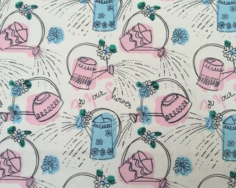 May include: A white background with a repeating pattern of pink and blue watering cans with flowers and the text "For our shower".