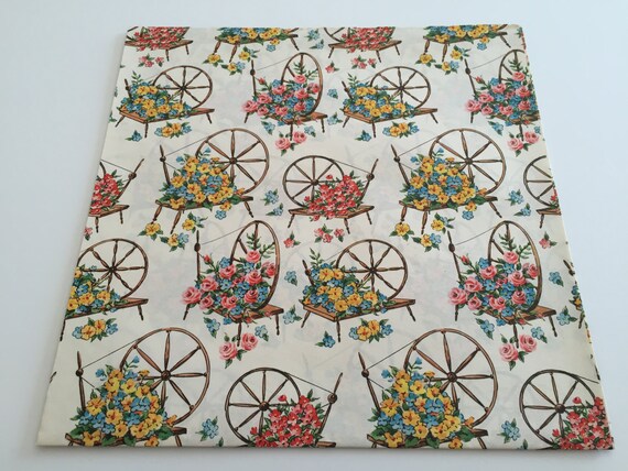 VTG ALL OCCASION WRAPPING PAPER GIFT WRAP SPINNING WHEEL FLOWERS
