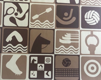 Vintage Gift Wrapping Paper - Hallmark - Brown Sports Icons - Mod For Him Men's Sports Paper -1 Unused Full Sheet Gift Wrap
