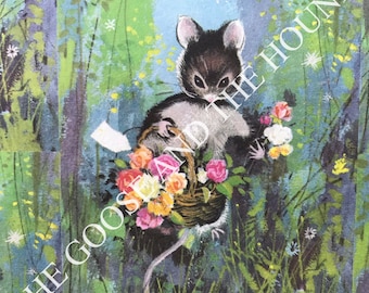 Vintage Gift Wrapping Paper - Field Mouse with Floral Basket - All Occasion, Birthday, Wedding, Shower - 1 Unused Full Sheet Gift Wrap