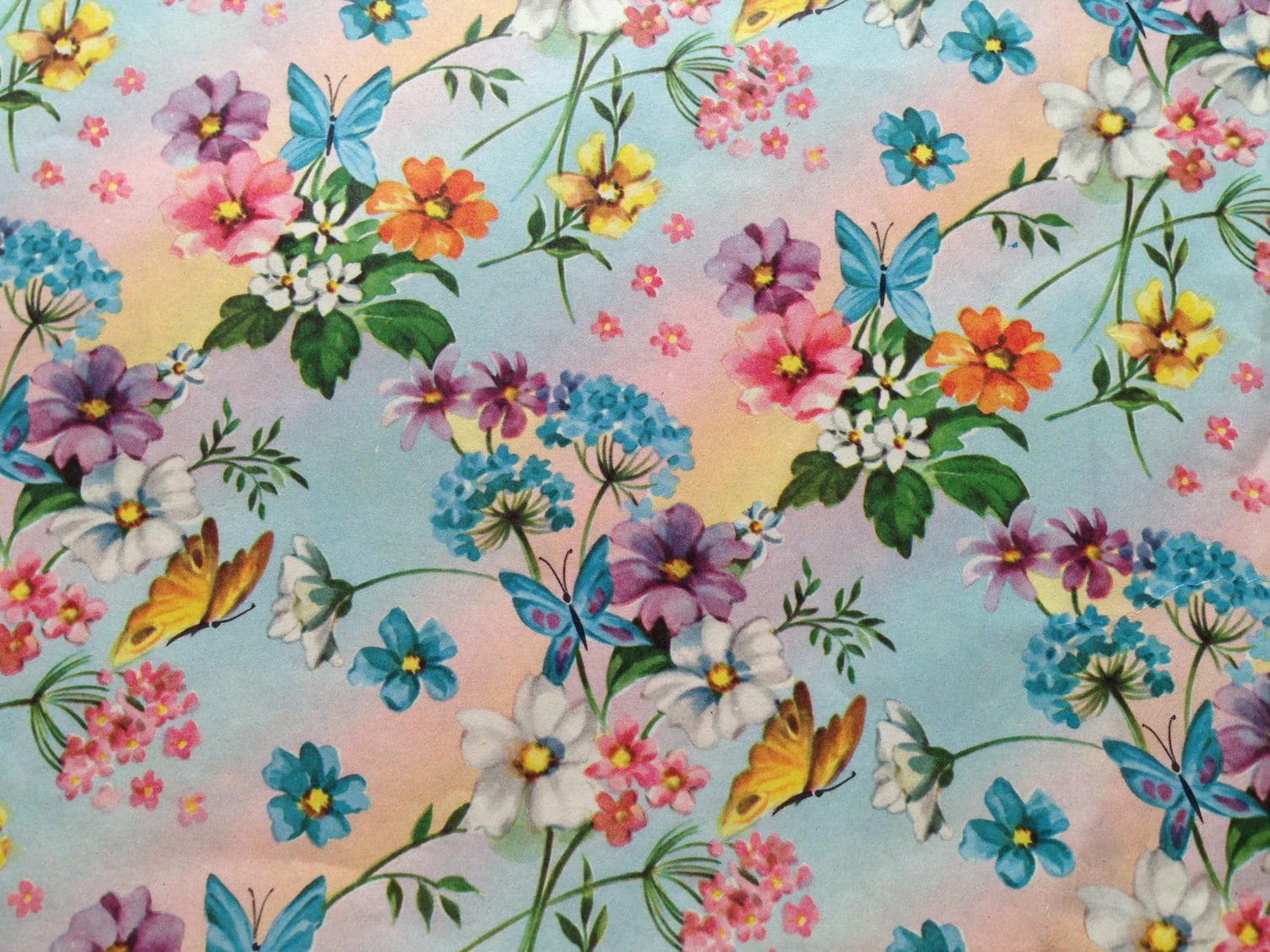 Vintage Gift Wrapping Paper Rainbow Butterfly Floral Fields | Etsy