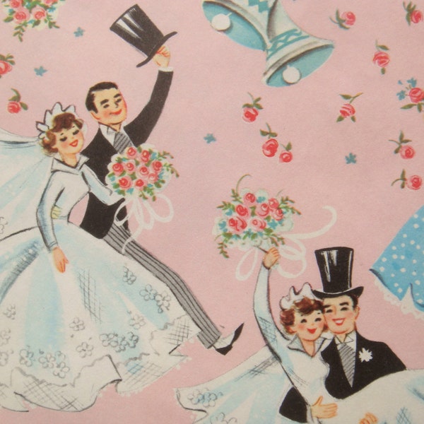 Vintage Gift Wrapping Paper - Bridal Shower or Wedding - Bride and Groom Happy Couple - Wedding Party- 1 Unused Partial Sheet Gift Wrap