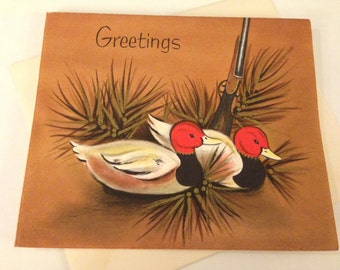 Vintage Christmas Greeting Card - Gold Accented Duck Hunting Card by Hallmark - Duck Decoy Masculine - Unused Christmas Card with Envelope