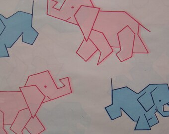 Vintage Gift Wrapping Paper - Baby Shower - New Baby Pink and Blue Origami Elephants - 2 Unused Full Sheets in Package by Dennison