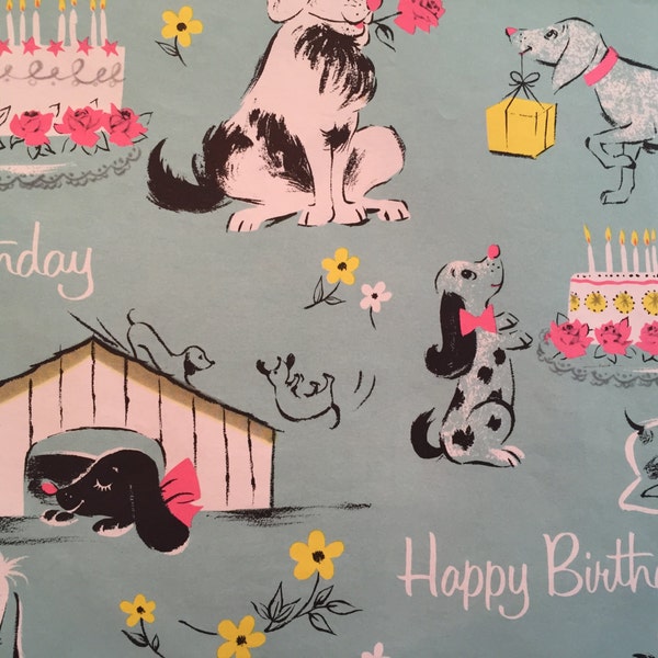 Vintage Gift Wrapping Paper- Sheep Dog, Beagle, Basset Hound, Chihuahua, Doxie Dog Paper -Birthday Party Dogs -1 Unused Full Sheet Gift Wrap