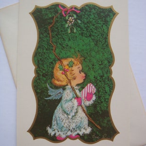 Vintage świąteczna kartka z życzeniami świątecznymi - mała dziewczynka aniołek jemioła - nieużywana z kopertą - kolekcja Eve Rockwell Adorables
