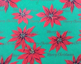 May include: Red poinsettia flowers on a green background with the text "Merry Christmas" repeated throughout.