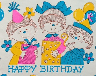 Vintage Geschenk Verpackung Papier - Juvenile - rosa, gelben und blauen Geburtstagsparty - Kinder Geburtstagsgeschenk wickeln - 1 unbenutzten ganzer Bogen