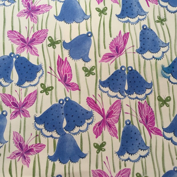 Vintage Gift Wrapping Paper - Bluebells and Butterflies Floral Paper - All Occasion, Birthday, Wedding, Shower - 1 Unused Full Sheet Wrap
