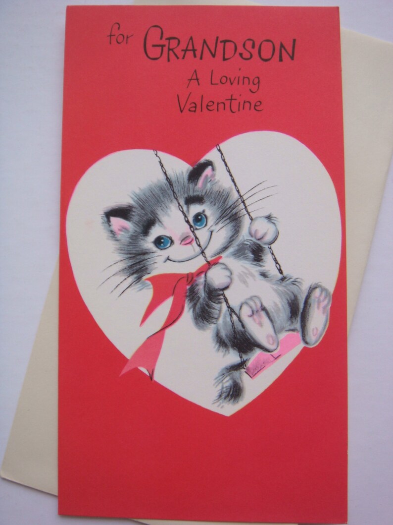 Vintage Valentine's Day Card For Grandson Juvenile Greeting Card Swinging Kitty Cat Unused with Original Envelope Card by CharmCraft image 1