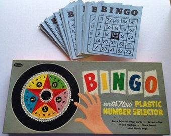 Vintage Bingo Game Set in Original Box - Bingo Cards and Markers - Plastic Bingo Number Selector - By Whitman