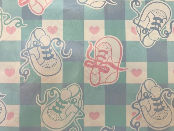 Vintage Gift Wrapping Paper - Baby Shower Pink and Blue Baby Booties - Baby Shoes Boy or Girl Gift Wrap - 1 Unused Full Sheet Gift Wrap