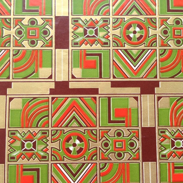 Vintage Wrapping Paper - Brown, Orange, Green and Gold Mod Geometric Art Deco Masculine Design  - 1 Unused Full Sheet Gift Wrap