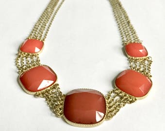Vintage Necklace - Gold Metal - Orange - Marked S - Chain Link Multi Strand