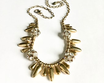 Vintage Necklace - Gold Metal - Rhinestone Balls - Tear Drop