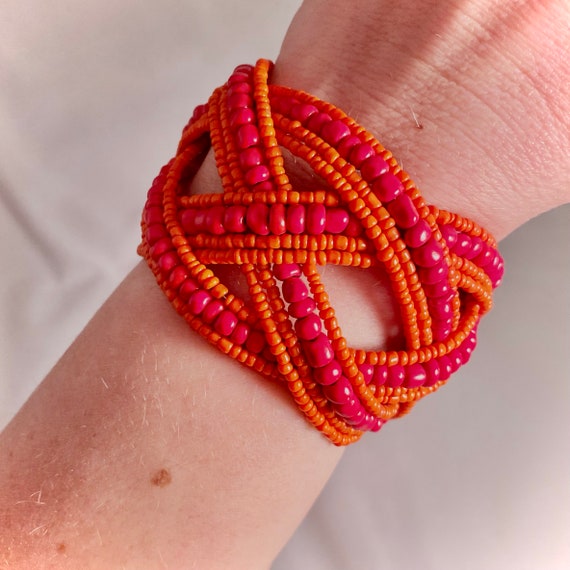 Vintage Red Stone Beaded Bracelet Cuff Twisted Me… - image 4