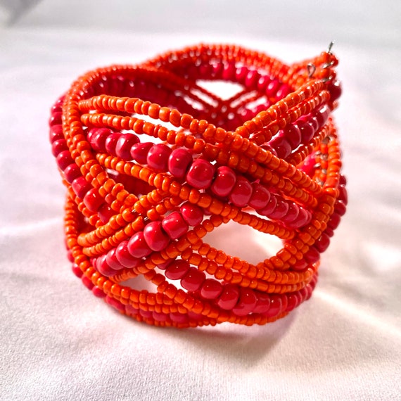 Vintage Red Stone Beaded Bracelet Cuff Twisted Me… - image 5