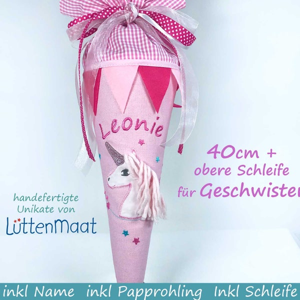 kleine  Schultüte Zuckertuete Geschwisterschultuete aus Stoff Einhornmit Name inkl Papprohling