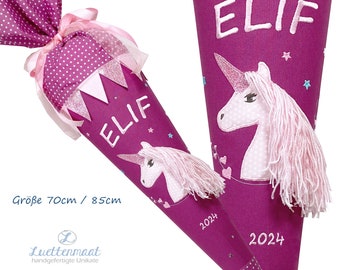 Schultüte einhorn Zuckertüte Stoff mit Namen bestickt und Glitzer zum Kissen verwandelbar 70cm / 85 cm