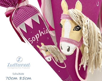 Schultüte Zuckertüte Stoff mit hellem Pony / Pferd, Mähne, beere/rosa , Glitzer mit Name, Kissen, 70cm 85cm