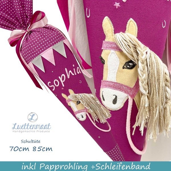 Schultüte Zuckertüte Stoff mit hellem Pony / Pferd, Mähne, beere/rosa , Glitzer mit Name, Kissen, 70cm 85cm