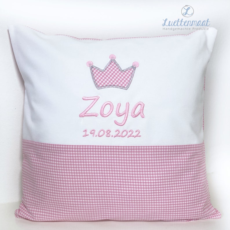 Name pillow embroidered with name and crown pink girl gift birth image 1