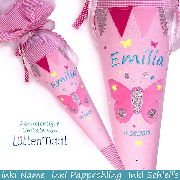 Schultüte Zuckertüte aus Stoff Schmetterling inkl Papprohling personalisiert neon