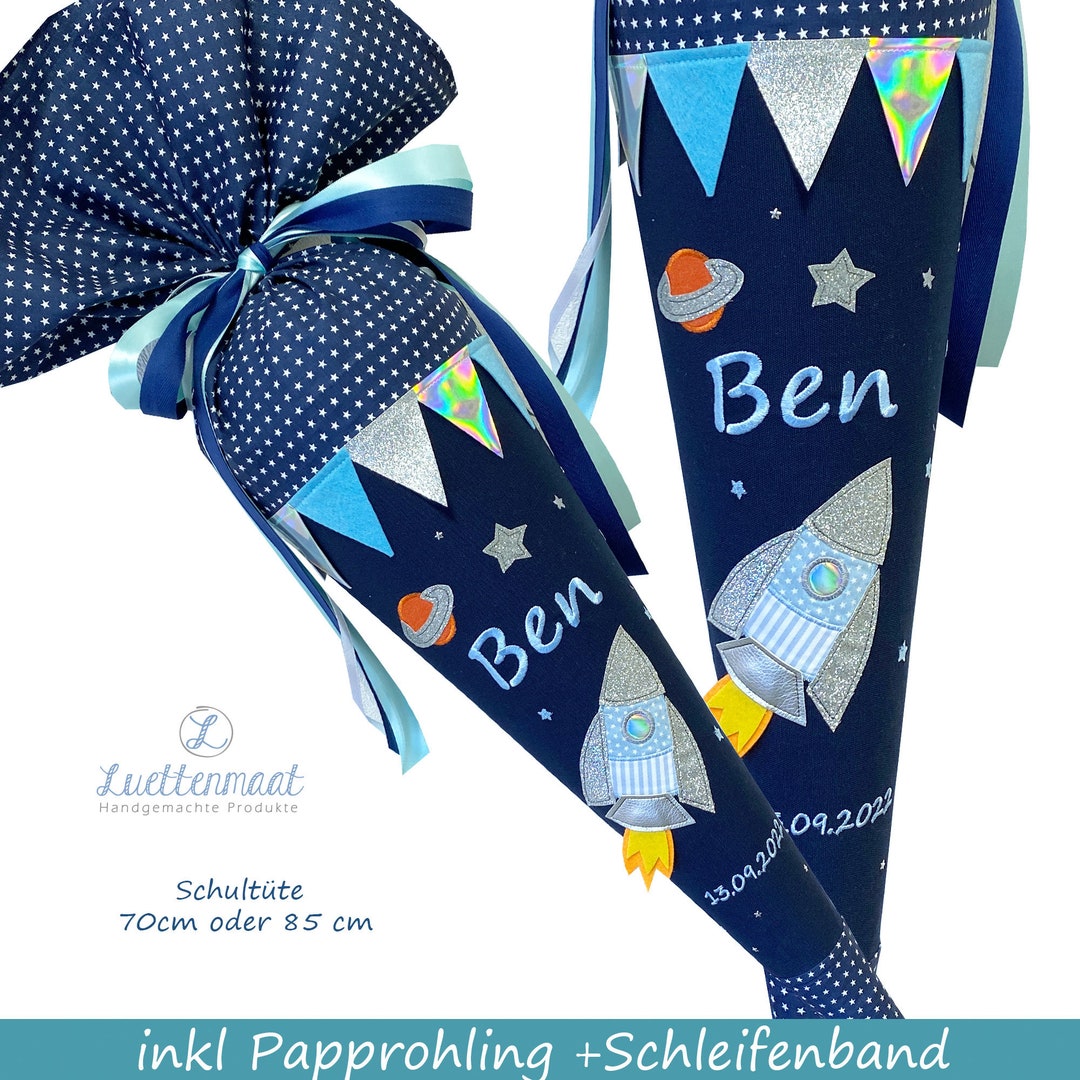 Schultüte Zuckertüte Stoff mit Namen bestickt Rakete (hellblau)Weltraum ...