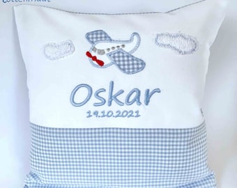 Name pillow with name airplane embroidered for a birth, baptism gift