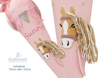 Schultüte Zuckertüte Stoff mit hellem Pony / Pferd, Mähne, beere/rosa , Glitzer mit Name, Kissen, 70cm 85cm