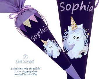 Schultüte Zuckertüte Stoff Einhorn mit Name  inkl Papprohling 70cm