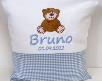 Name pillow with name bear teddy embroidered for a birth baptism gift