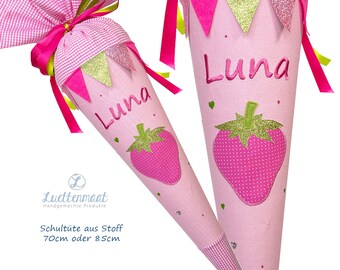 School cone strawberry fabric embroidered with name and glitter convertible to pillow 70 cm / 85 cm