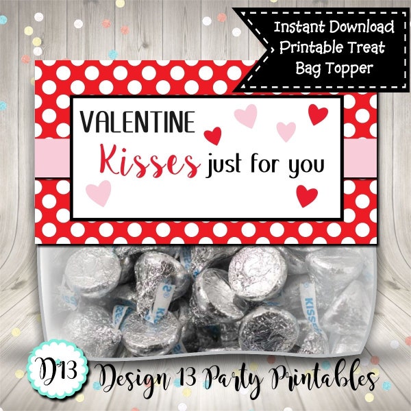 Valentine Kisses Treat Bag Topper Favor Digital Printable INSTANT DOWNLOAD