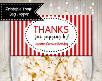 Thanks for Popping By Popcorn Treat Bag Topper Favor Digital Printable