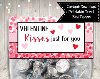 Valentine Kisses Treat Bag Topper Favor Digital Printable INSTANT DOWNLOAD