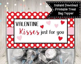 Valentine Kisses Treat Bag Topper Favor Digital Printable INSTANT DOWNLOAD