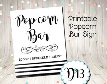 Popcorn Bar Black White Sign Digital Printable INSTANT DOWNLOAD