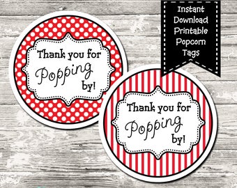 Thank You For Popping By Popcorn Label Favor Tags Circle ... Thank You For Popping By Popcorn Label Favor Tags Circle ...