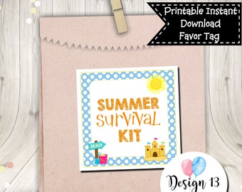 Summer Survival Kit Square Tag Digital Printable INSTANT DOWNLOAD