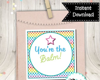 You're The Balm Teacher Thank You End of School Year Rainbow Polka Dot Square Tag Digital Printable INSTANT DOWNLOAD