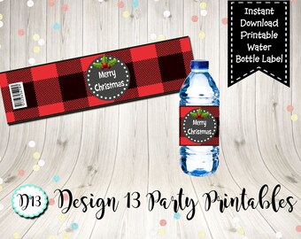 Buffalo Plaid Merry Christmas Water Bottle Label Printable Digital INSTANT DOWNLOAD