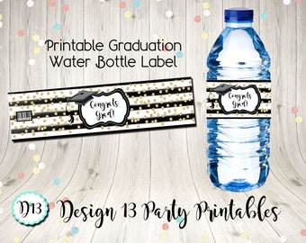 Graduation Gold Confetti Striped Congrats Grad Water Bottle Labels Digital Printable Instant Download