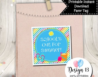 School's Out For Summer End of School Year Square Tag Gift Tag Digital Printable INSTANT DOWNLOAD