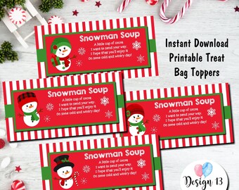 Snowman Snowoman Soup Christmas Treat Bag Topper With To From Box Digital Printable INSTANT DOWNLOAD