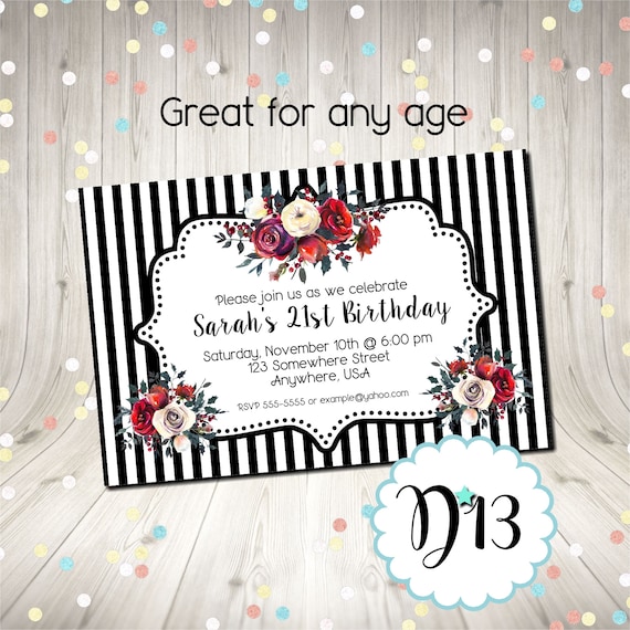 Black /& White Stripy Deco 16th Personalised Birthday Party Invitations