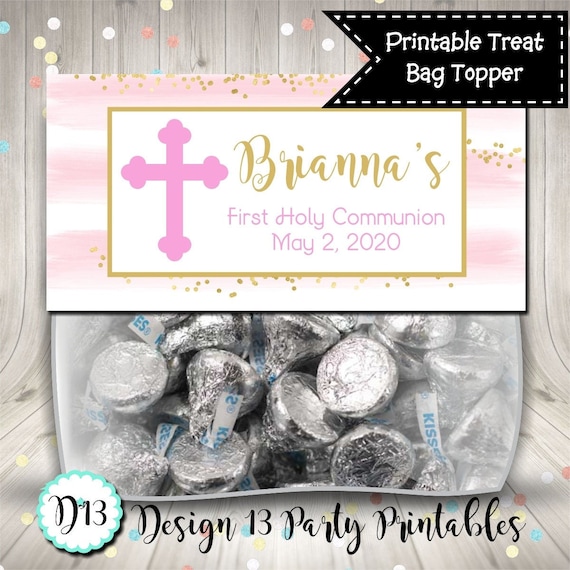 First Holy Communion Pink Stripe Treat Bag Topper Favor Digital Printable Il_570xn