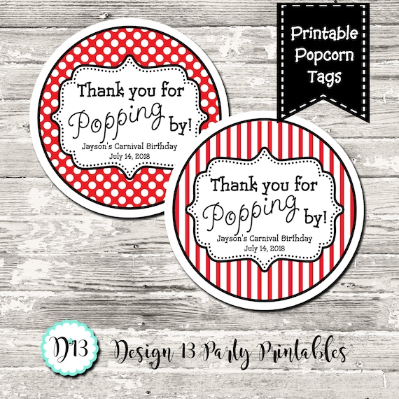 Thank You For Popping By Popcorn Label Favor Tags Circle Tags Printable Digital by Design 13 ...