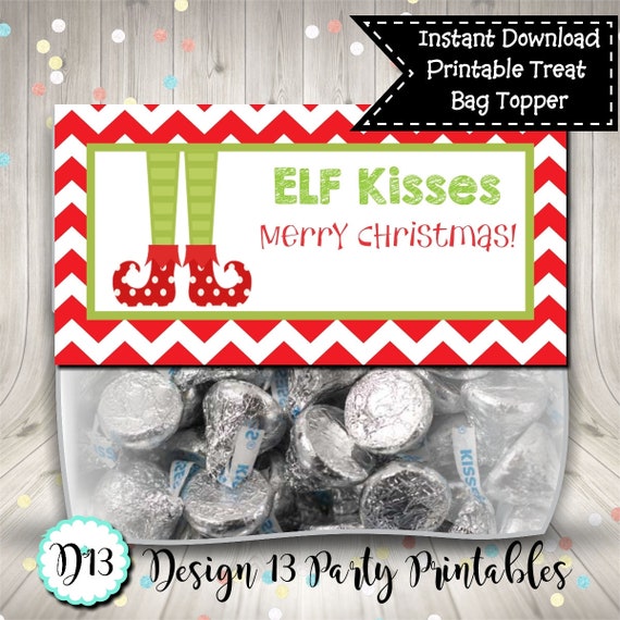 Elf Kisses Chevron Christmas Treat Bag Topper Digital